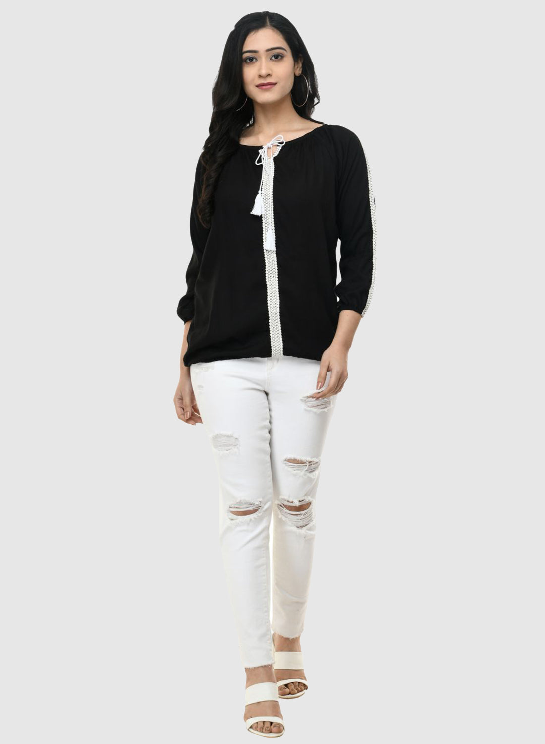 Women Top Black Casual Regular Fit 3/4 Sleeve
