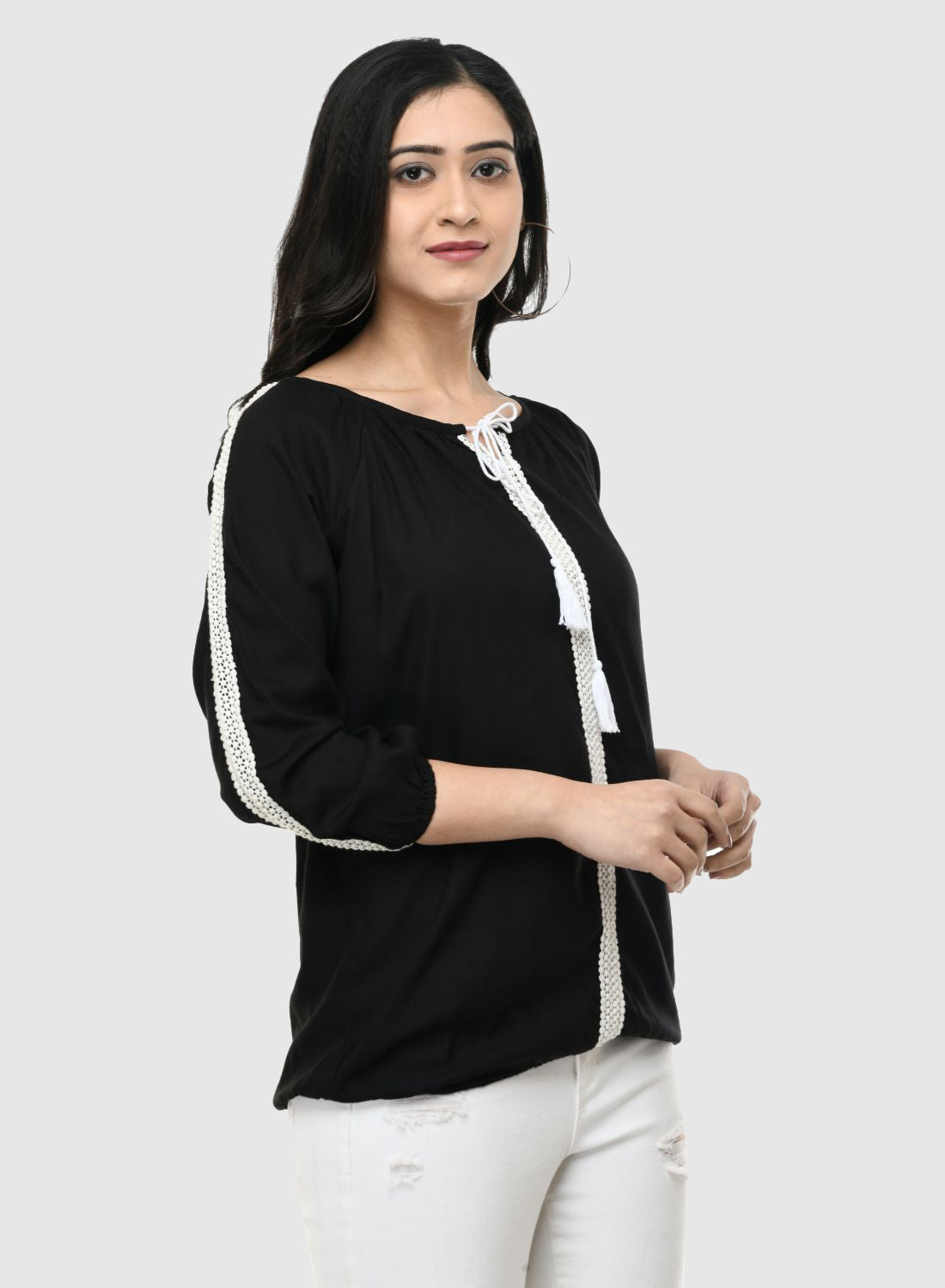 Women Top Black Casual Regular Fit 3/4 Sleeve