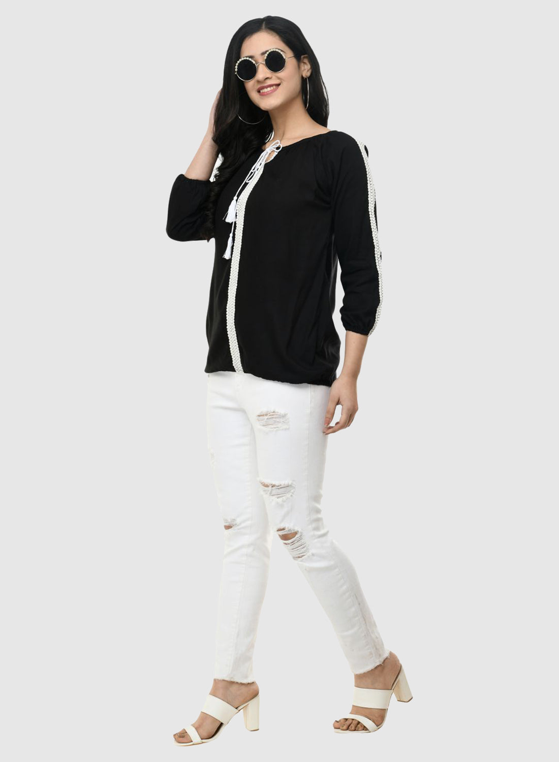 Women Top Black Casual Regular Fit 3/4 Sleeve