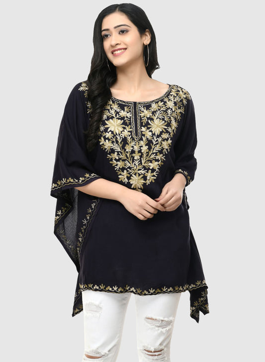 Women Kaftan Top Black Casual Regular Fit and Flare Embroidery Work