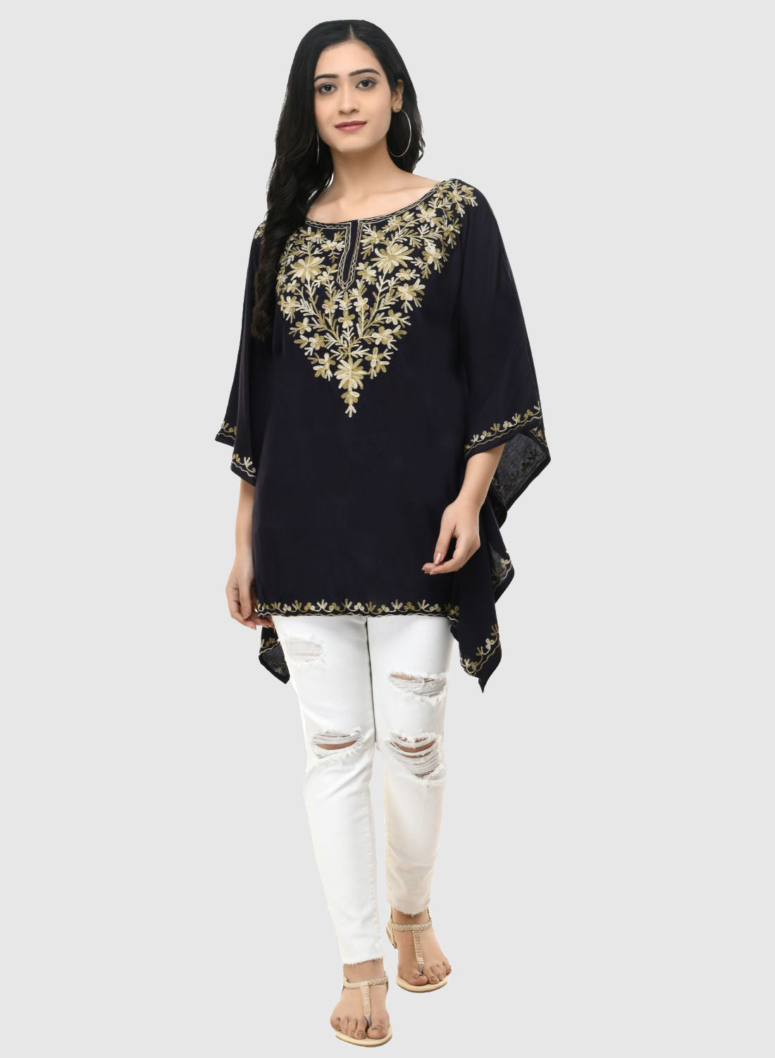 Women Kaftan Top Black Casual Regular Fit and Flare Embroidery Work