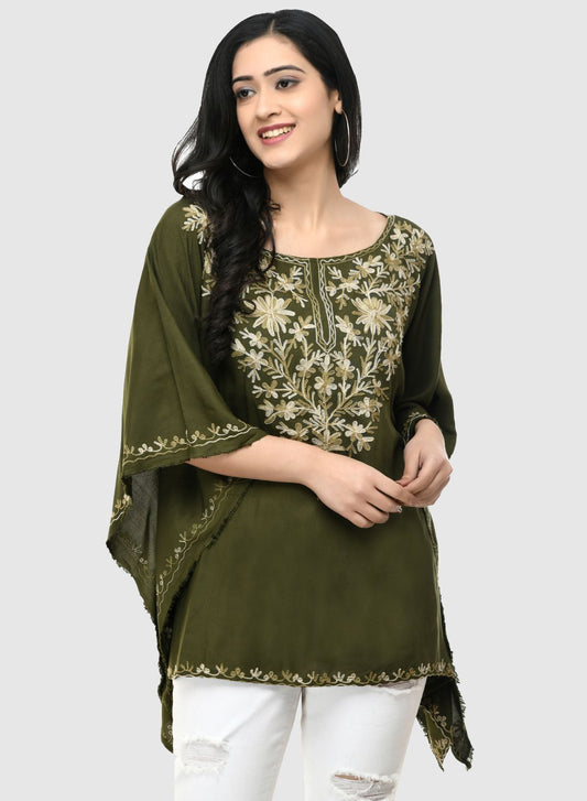 Women Kaftan Top Mehandi Green Casual Regular Fit and Flare Embroidery Work