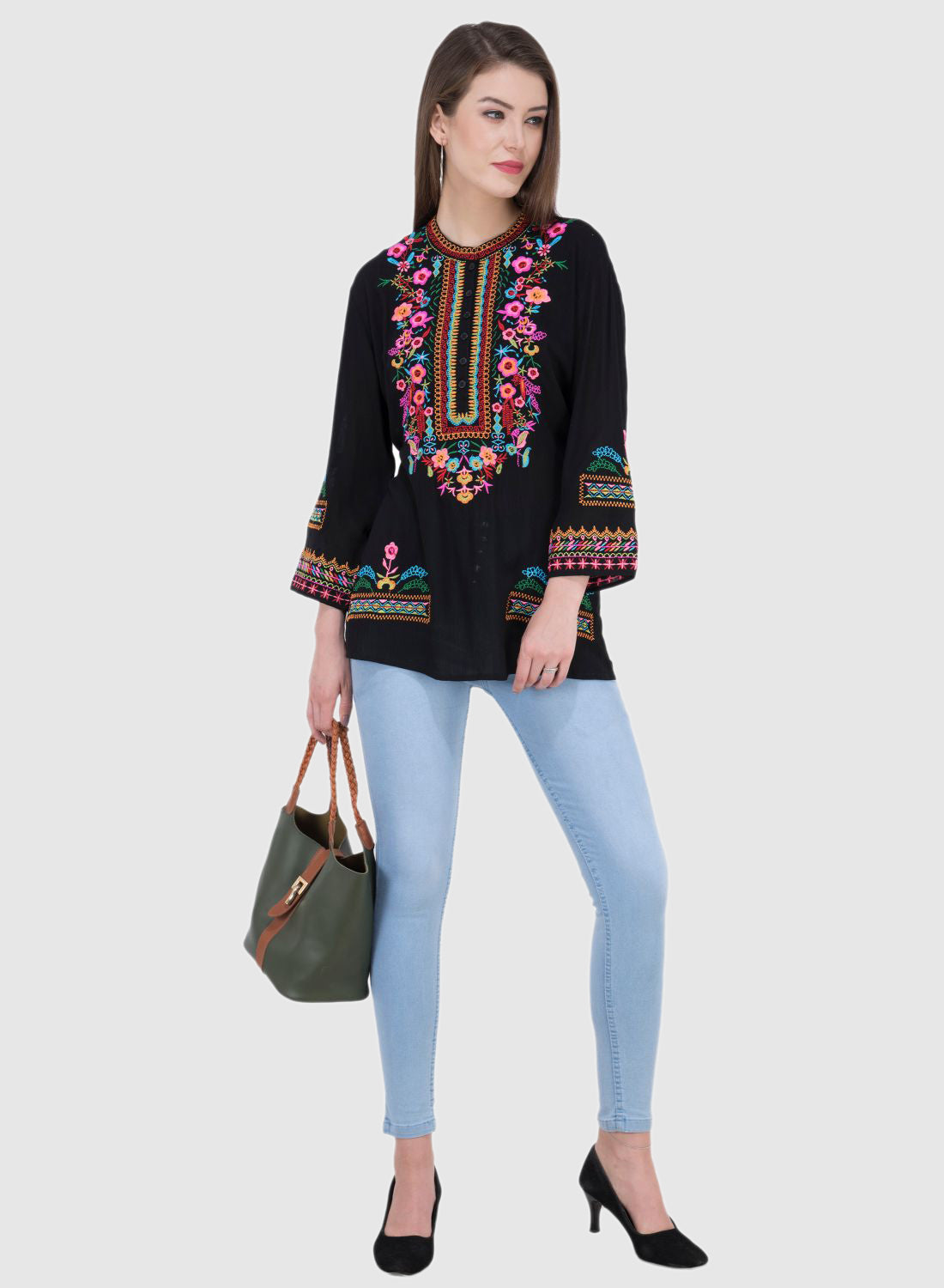 Women Top Black Rayon Crepe Party Wear 3/4 Sleeve Embroidery Work