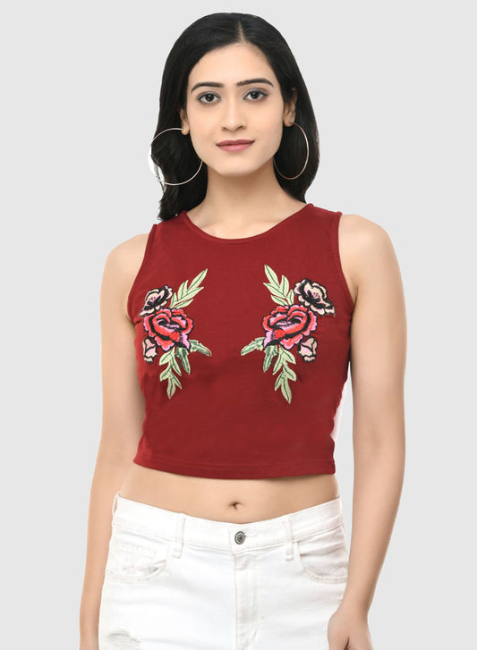 Women Crop Top Maroon Cotton Hosiery