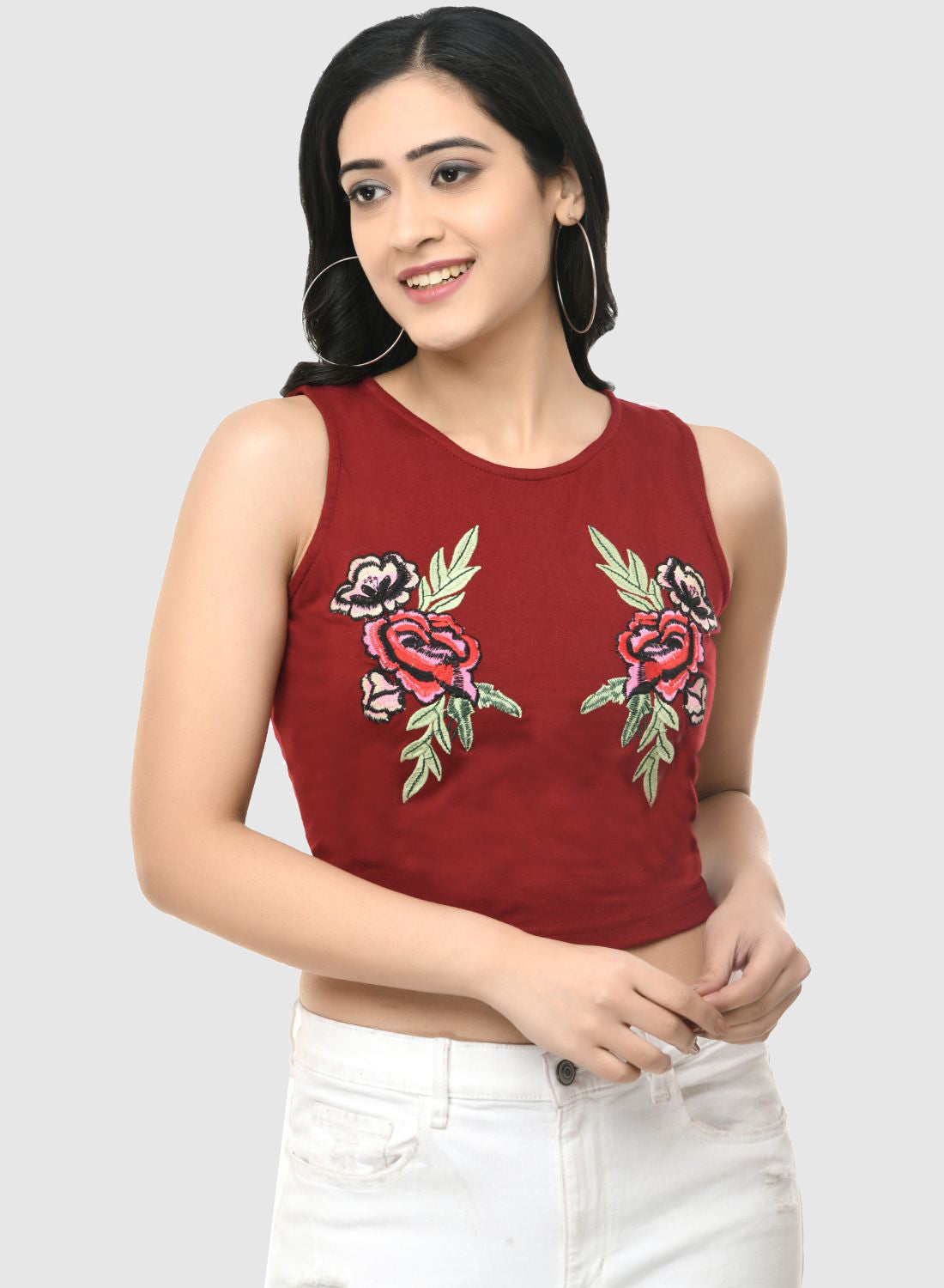 Women Crop Top Maroon Cotton Hosiery
