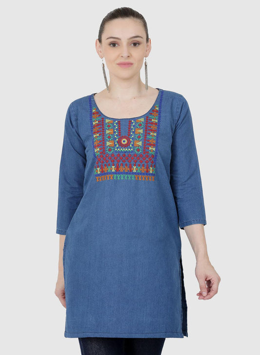 Women Kurti Denim Blue Regular Fit
