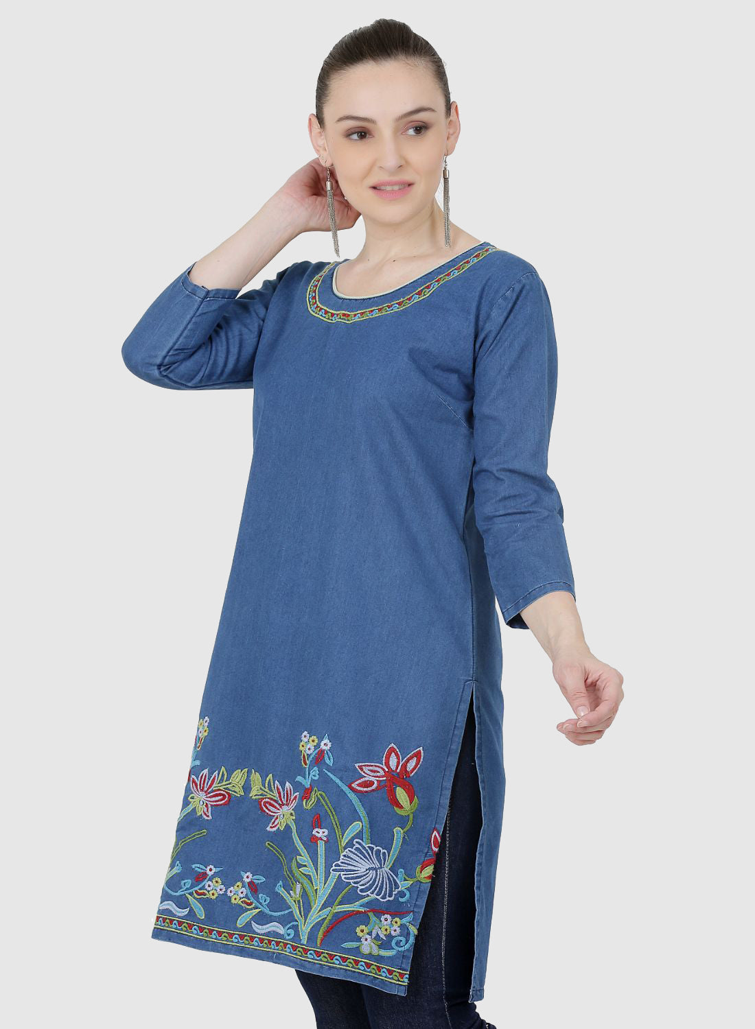 Women Kurti Denim Blue Regular Fit