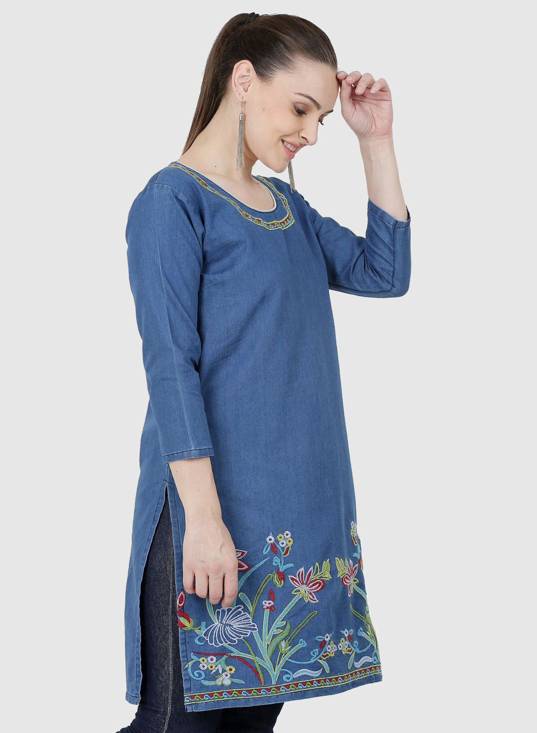 Women Kurti Denim Blue Regular Fit