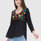 Women Top Black Rayon Casual Regular Fit 3/4 Sleeve Embroidery Work