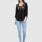 Women Top Black Rayon Casual Regular Fit 3/4 Sleeve Embroidery Work