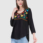 Women Top Black Rayon Casual Regular Fit 3/4 Sleeve Embroidery Work