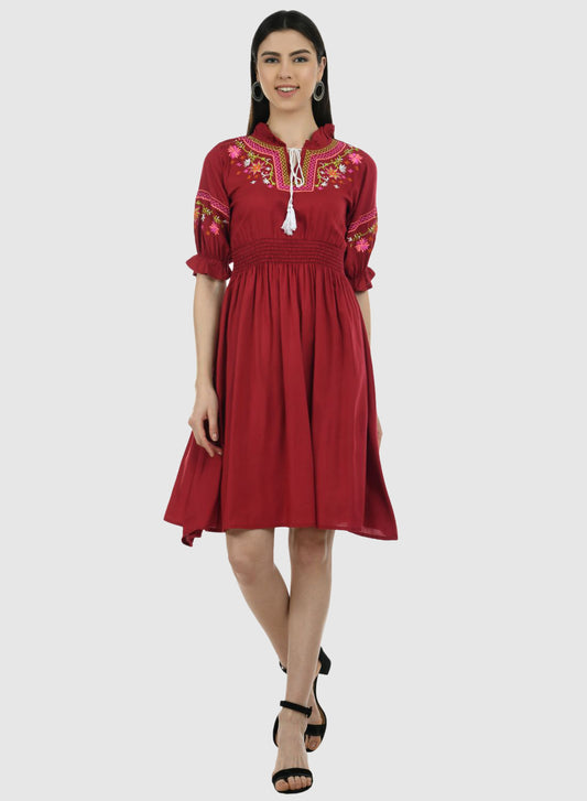 Women Dress Maroon Fit and Flare