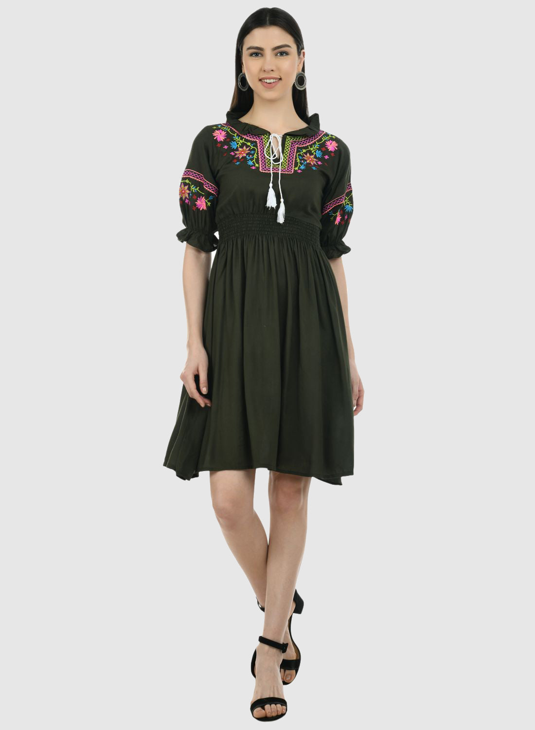Women Dress Mehandi Green Fit and Flare