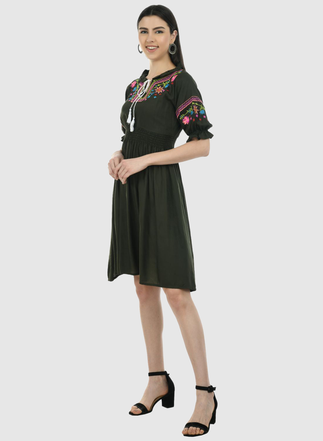 Women Dress Mehandi Green Fit and Flare