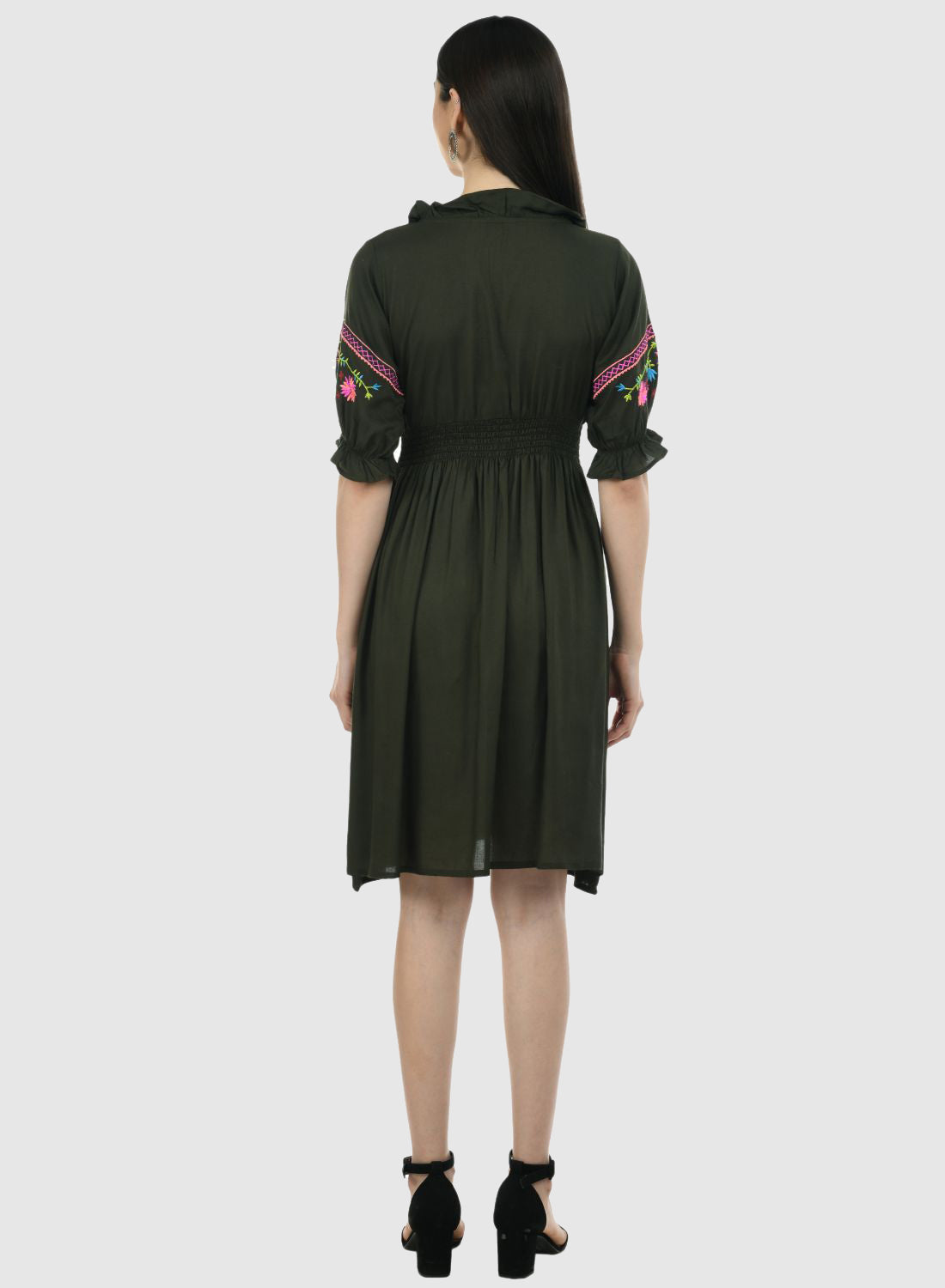 Women Dress Mehandi Green Fit and Flare