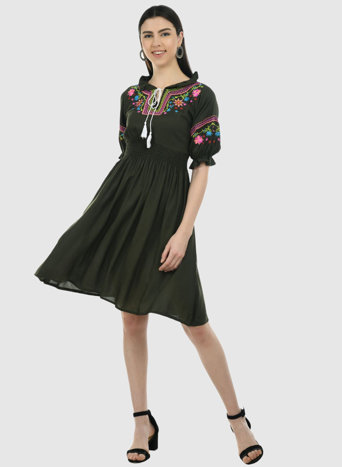 Women Dress Mehandi Green Fit and Flare