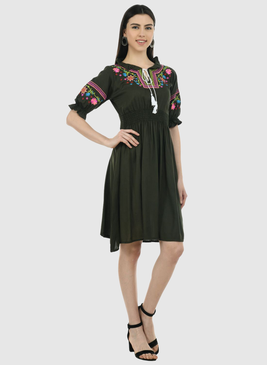 Women Dress Mehandi Green Fit and Flare