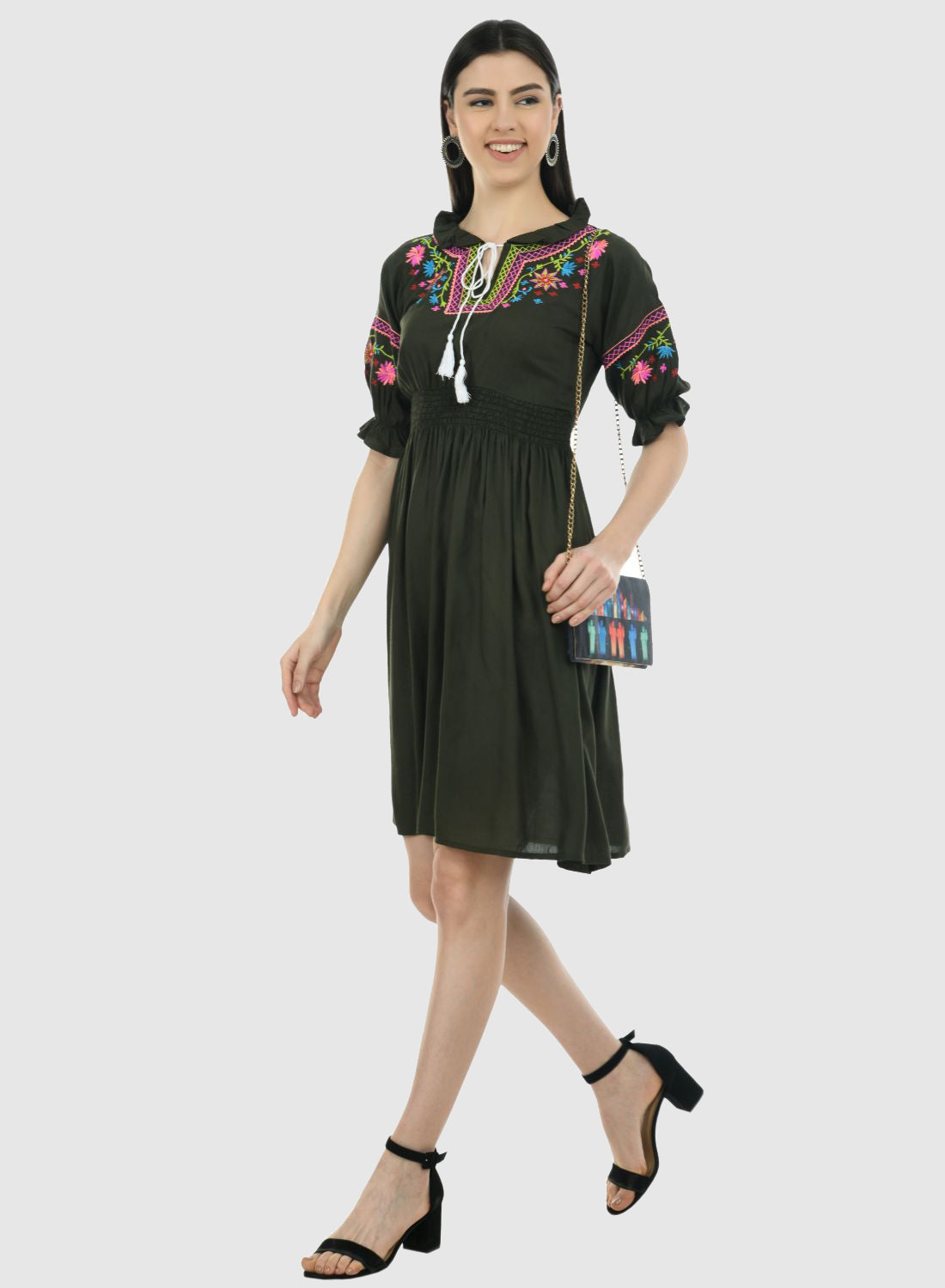 Women Dress Mehandi Green Fit and Flare
