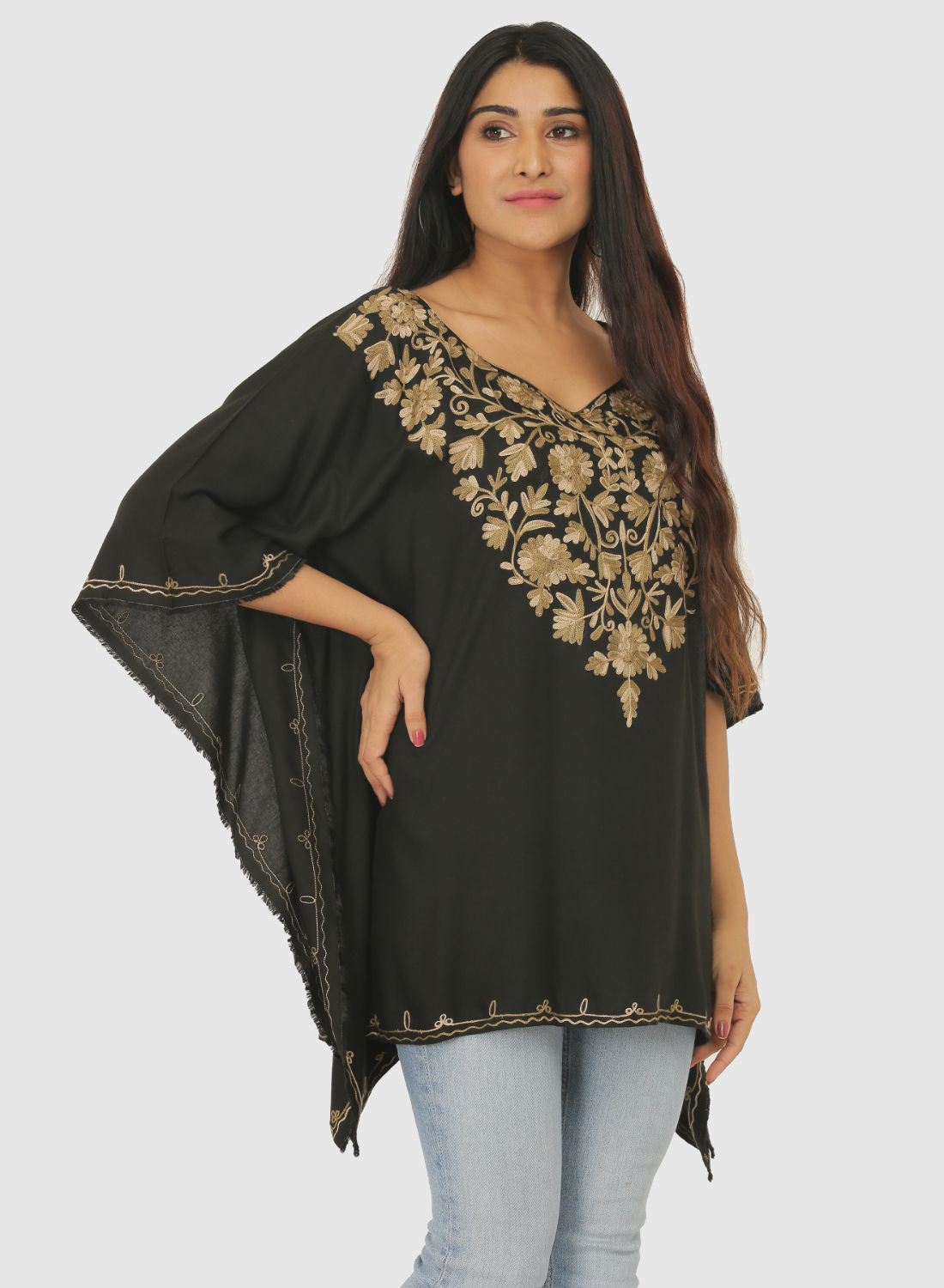 Women Kaftan Top Black Casual Regular Fit and Flare Embroidery Work