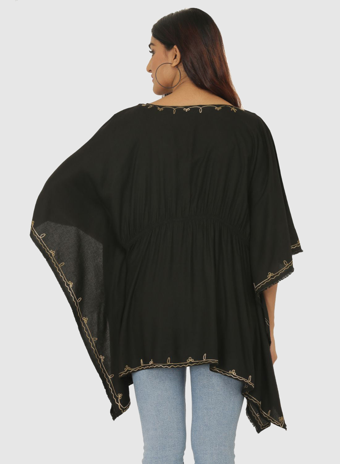 Women Kaftan Top Black Casual Regular Fit and Flare Embroidery Work