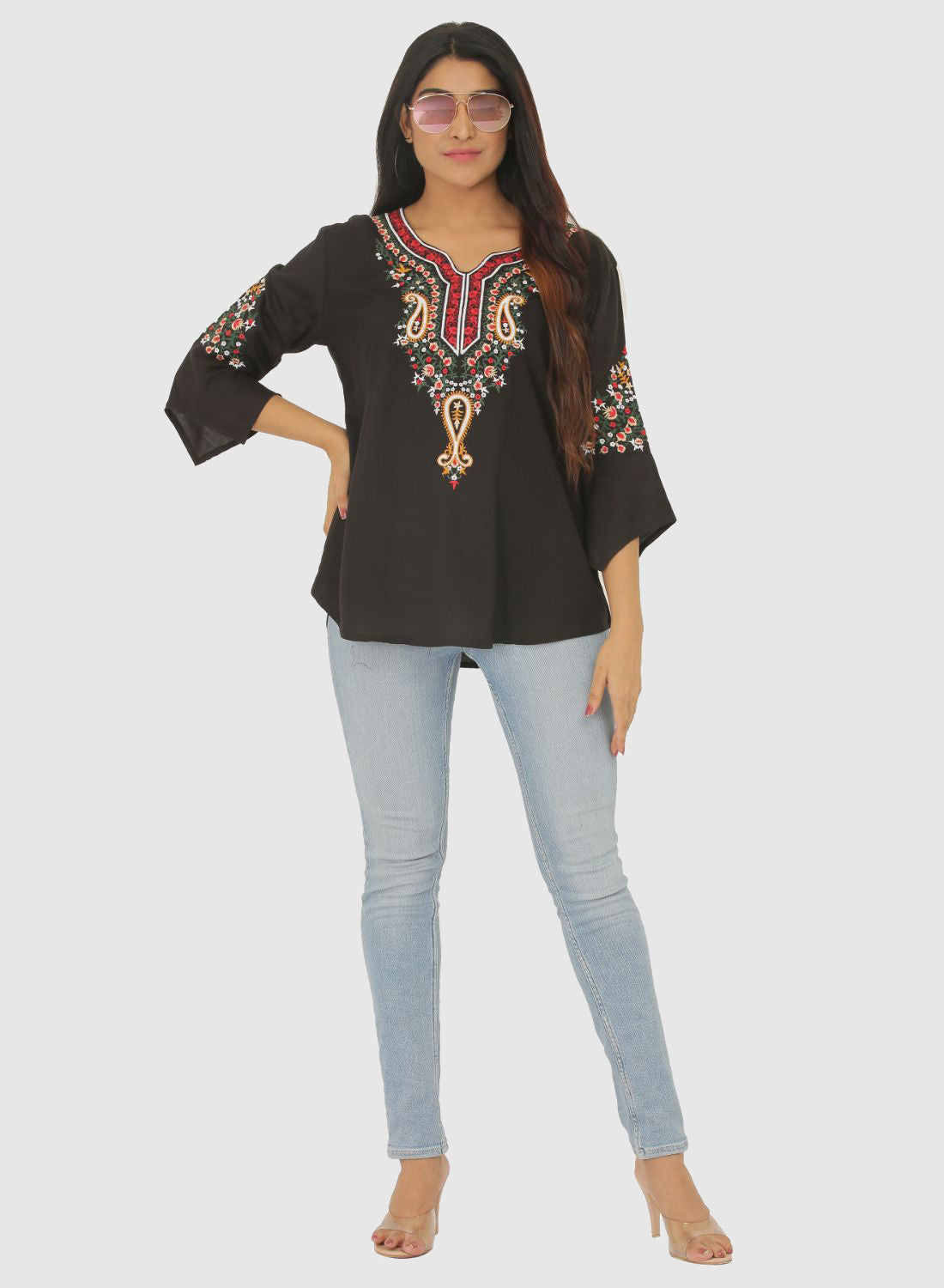 Women Top Black Casual Regular Fit Bell Sleeve