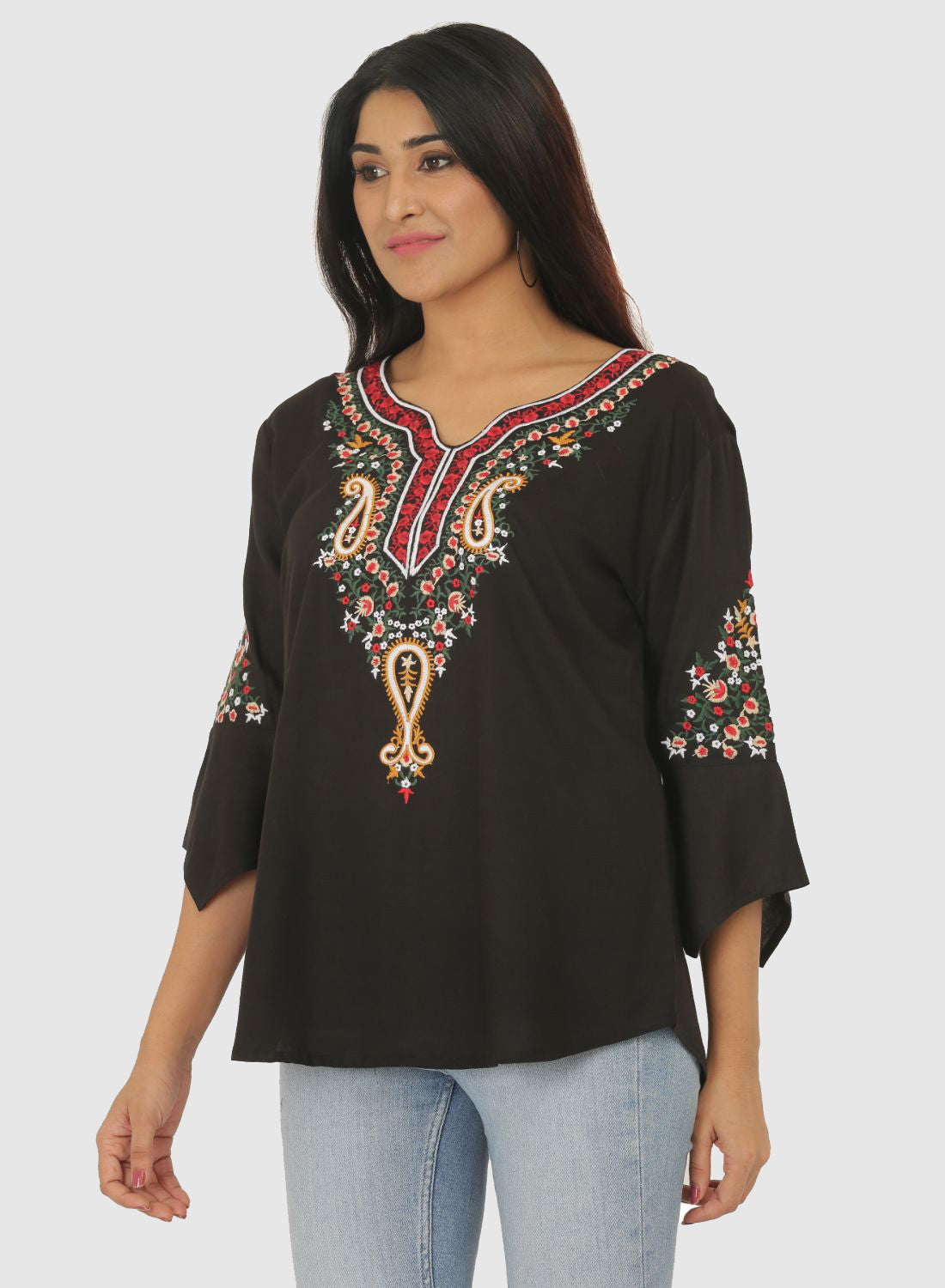 Women Top Black Casual Regular Fit Bell Sleeve