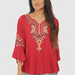Women Top Maroon Casual Regular Fit Bell Sleeve
