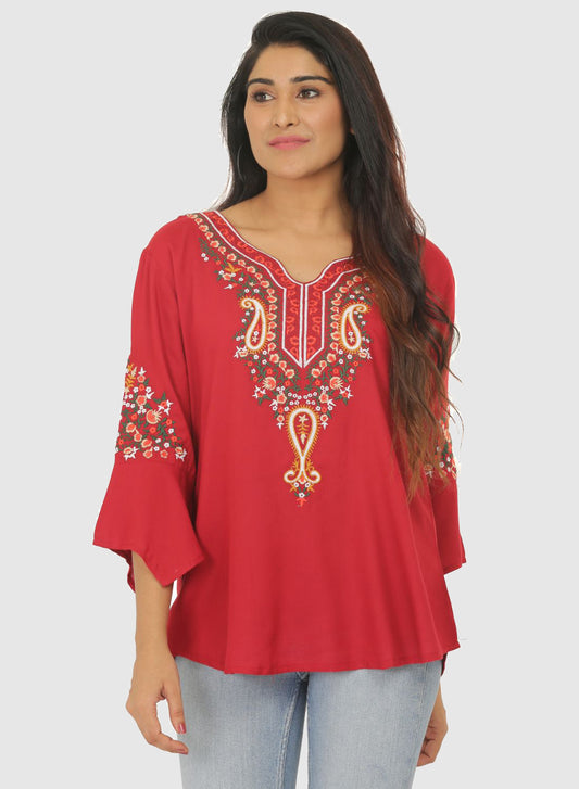 Women Top Maroon Casual Regular Fit Bell Sleeve