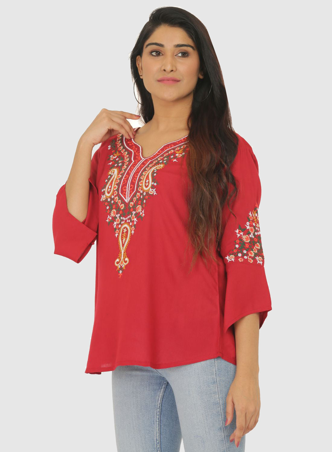 Women Top Maroon Casual Regular Fit Bell Sleeve