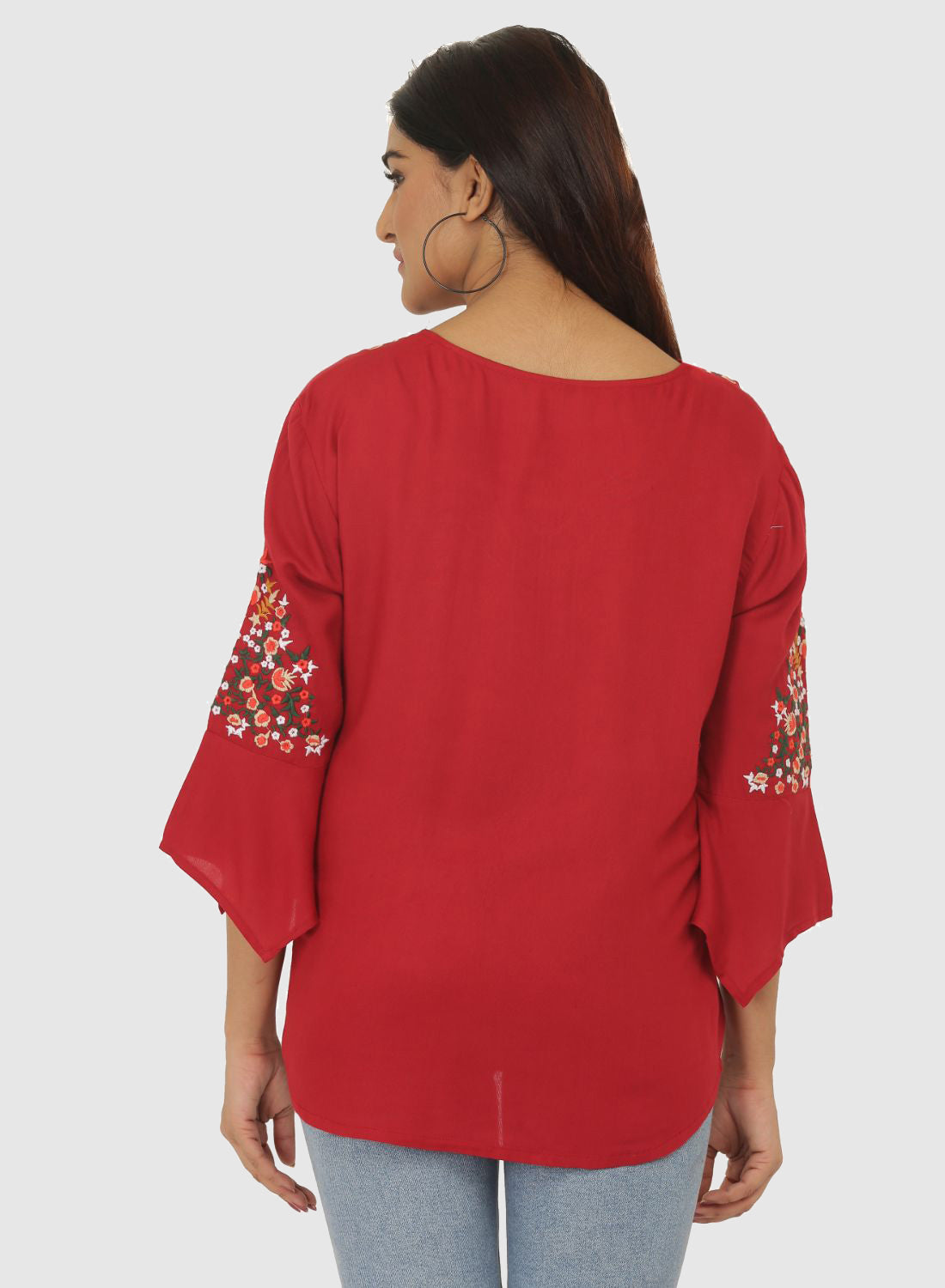 Women Top Maroon Casual Regular Fit Bell Sleeve