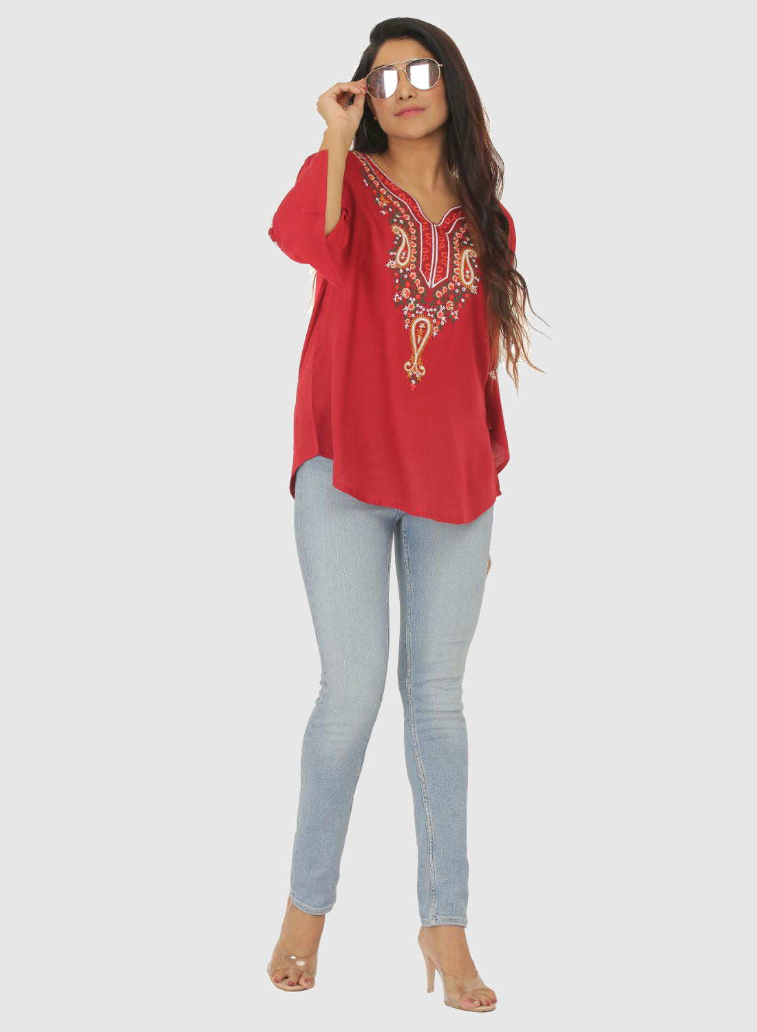 Women Top Maroon Casual Regular Fit Bell Sleeve