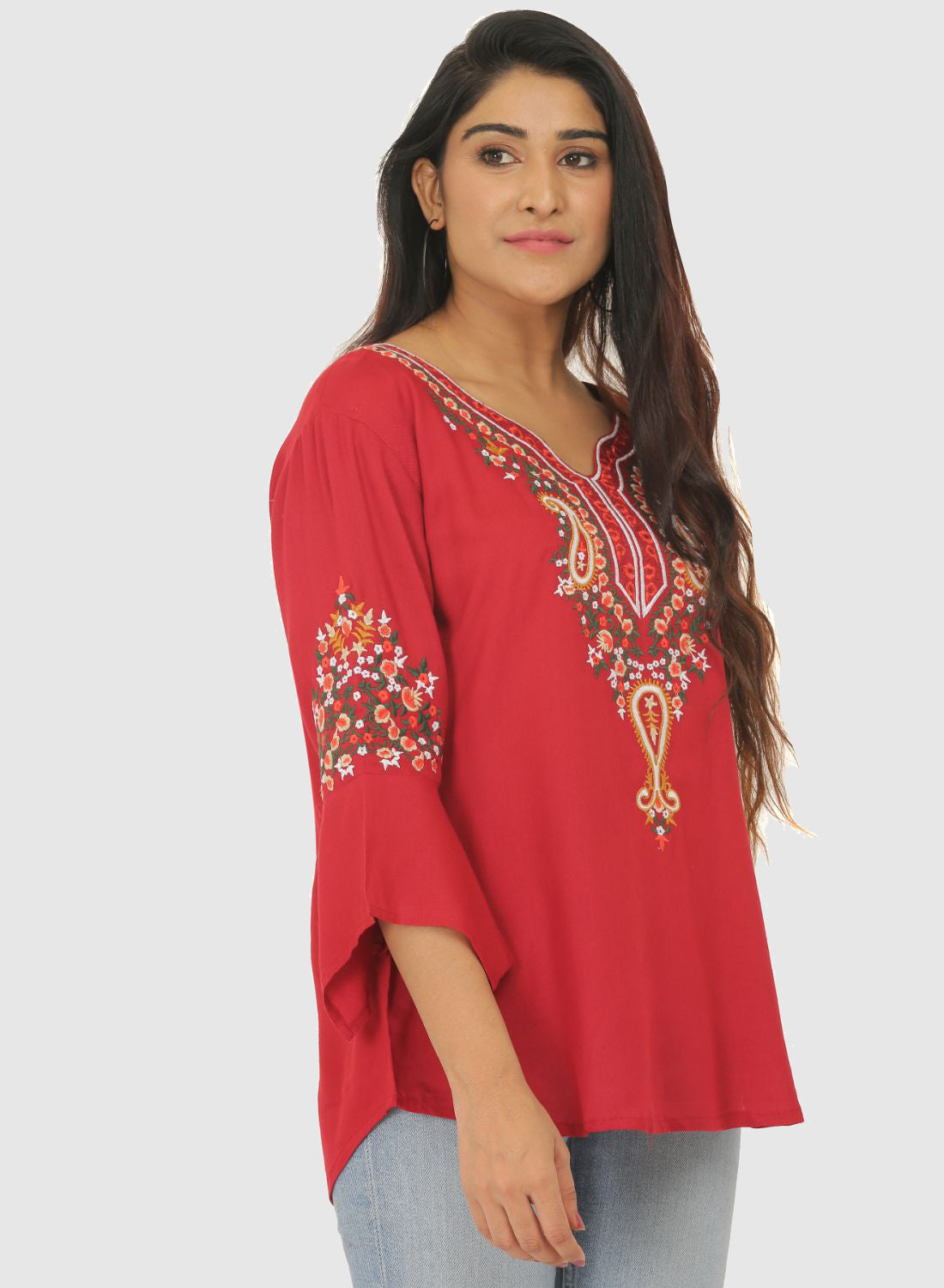 Women Top Maroon Casual Regular Fit Bell Sleeve