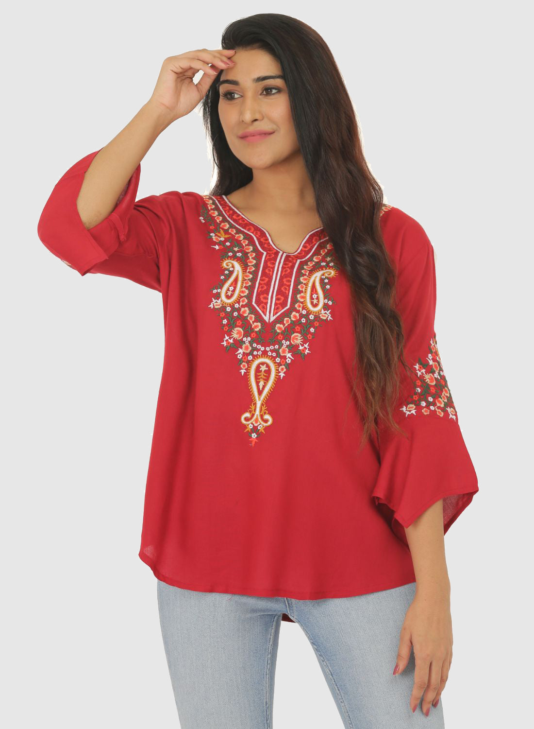 Women Top Maroon Casual Regular Fit Bell Sleeve