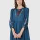 Women Top Blue Regular Fit and Flare Puff Sleeve Embroidery Work