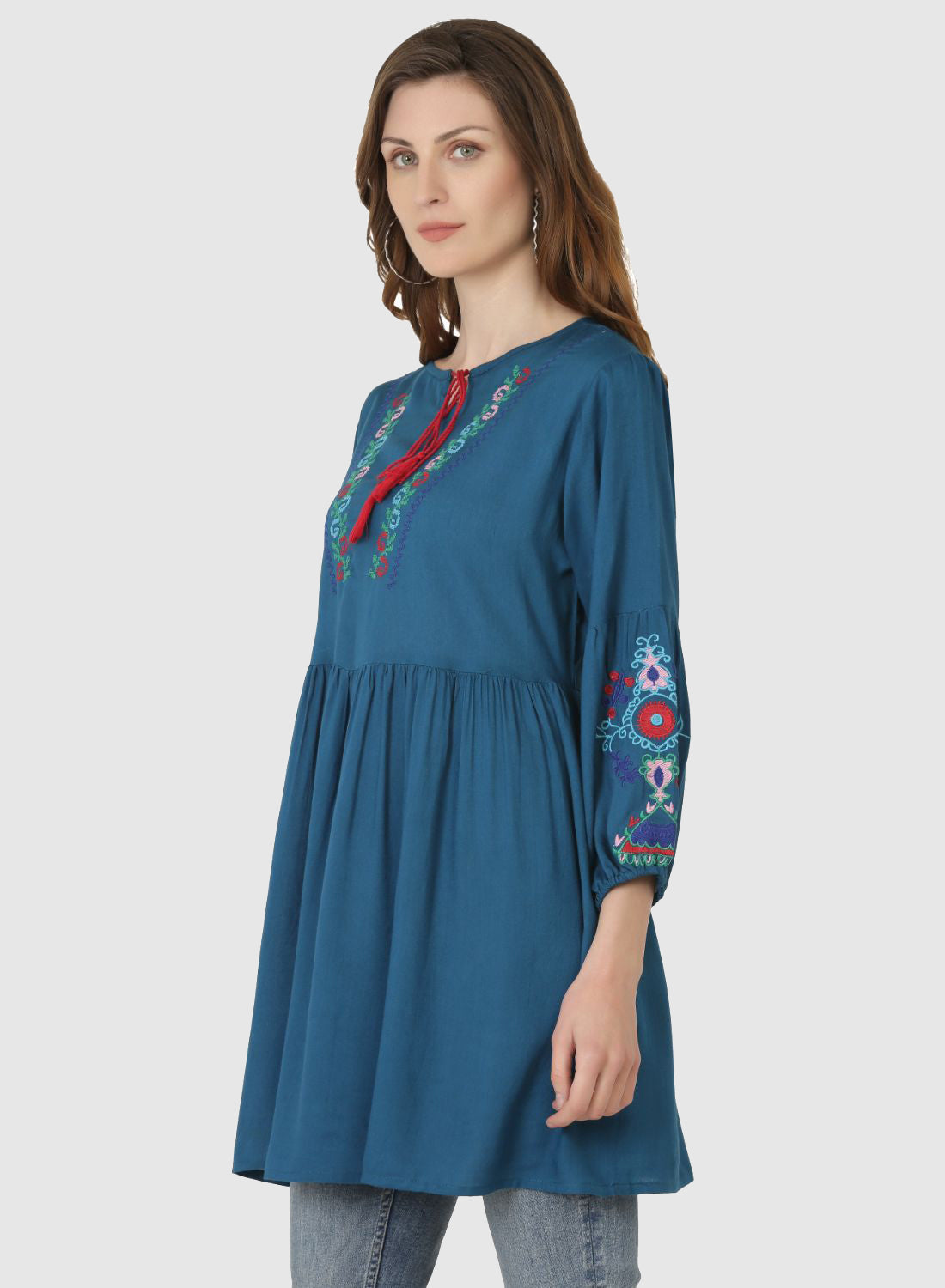 Women Top Blue Regular Fit and Flare Puff Sleeve Embroidery Work