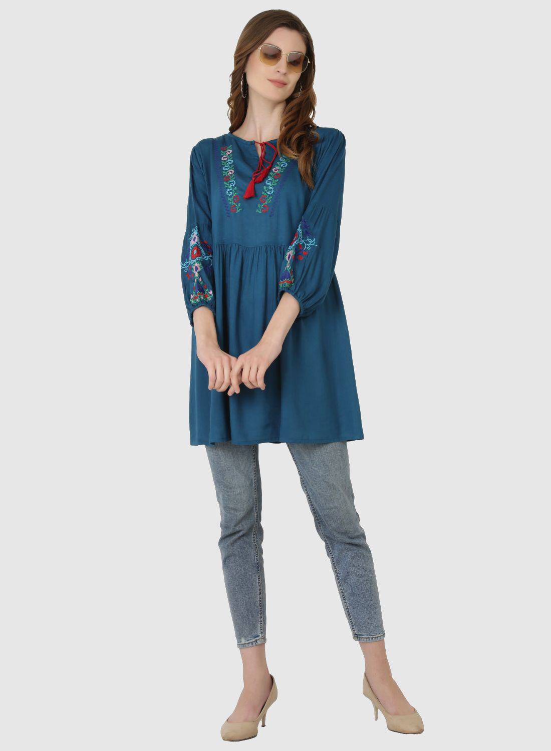 Women Top Blue Regular Fit and Flare Puff Sleeve Embroidery Work