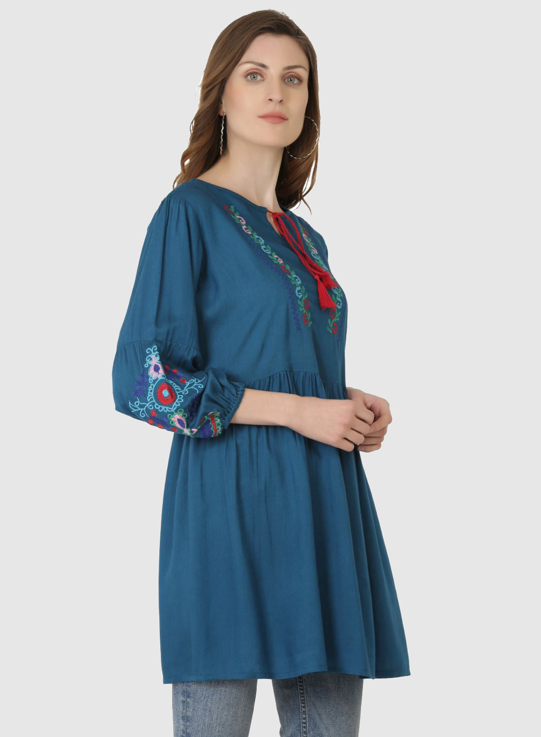 Women Top Blue Regular Fit and Flare Puff Sleeve Embroidery Work