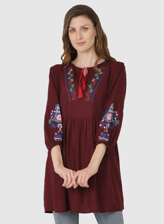 Women Top Brown Regular Fit and Flare Puff Sleeve Embroidery Work