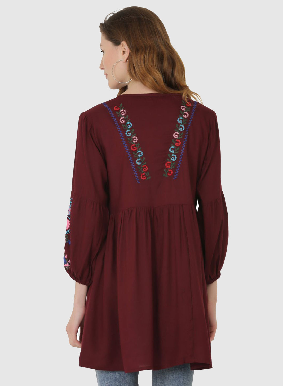 Women Top Brown Regular Fit and Flare Puff Sleeve Embroidery Work