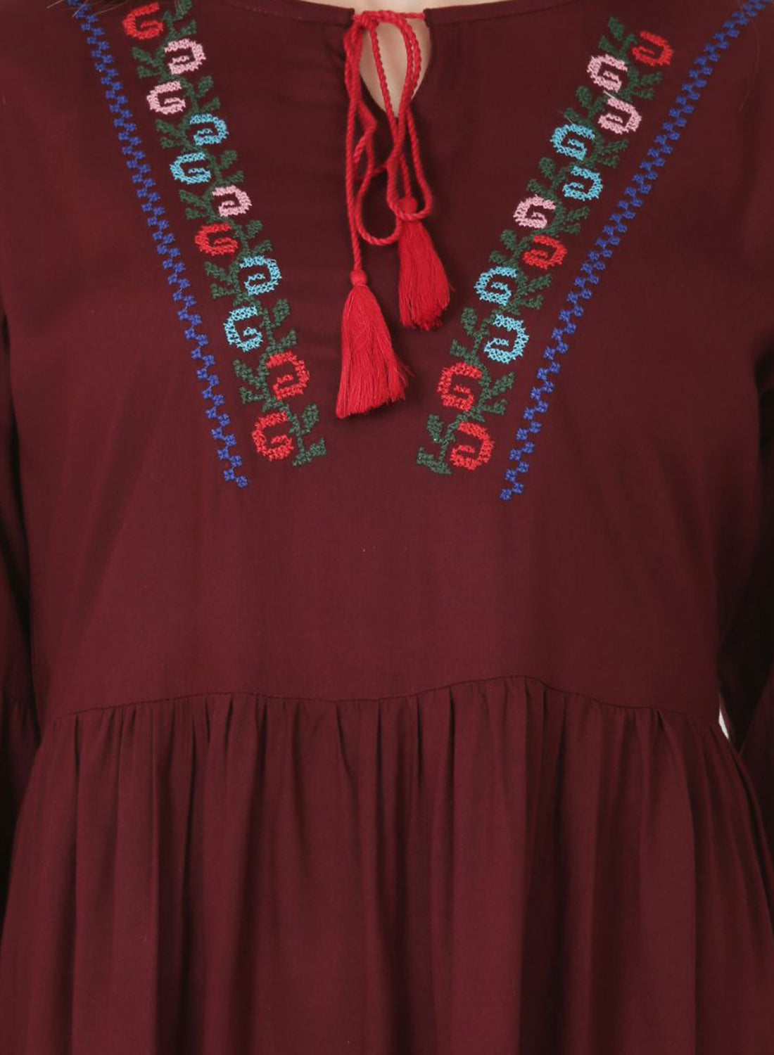 Women Top Brown Regular Fit and Flare Puff Sleeve Embroidery Work