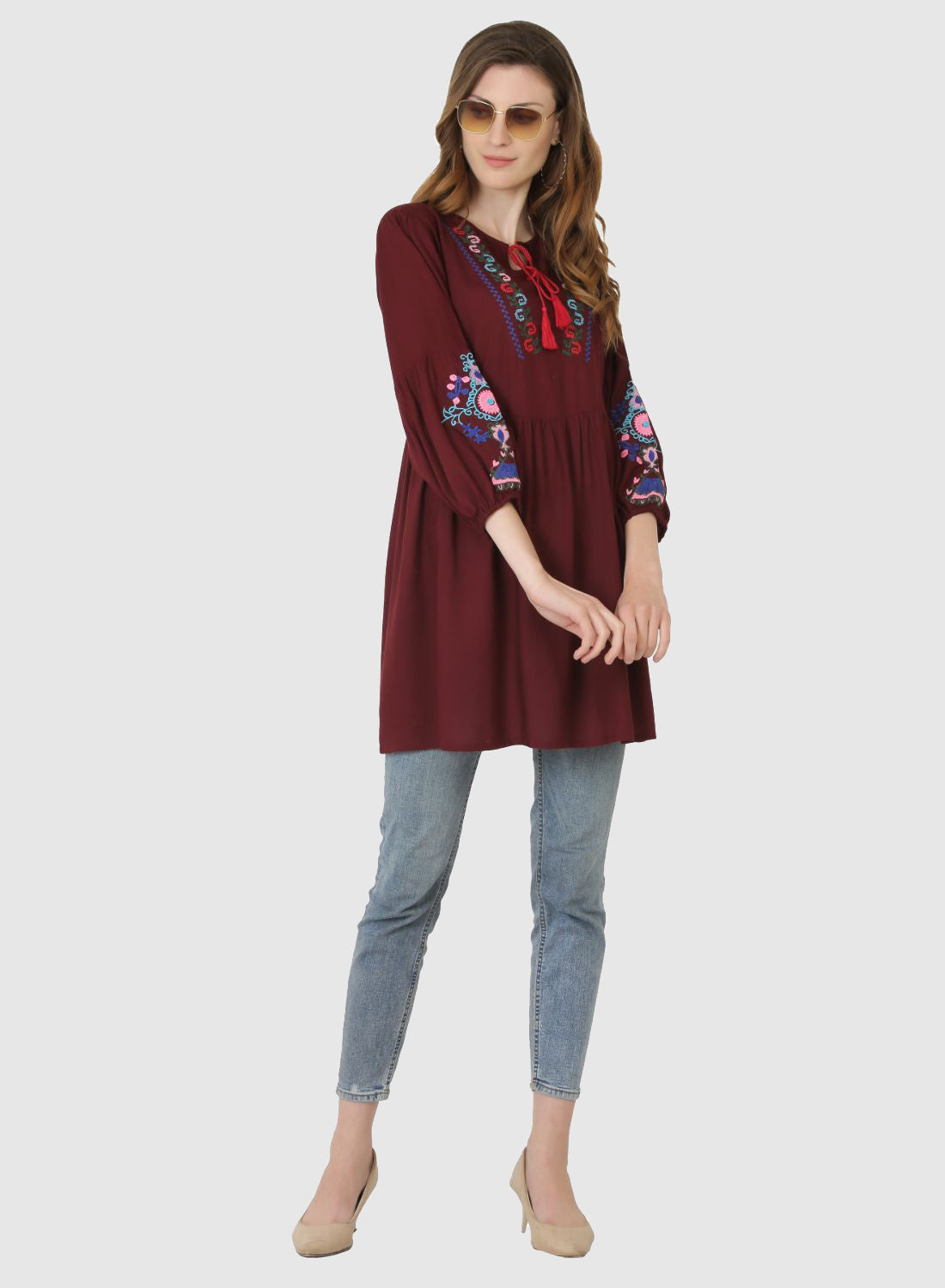 Women Top Brown Regular Fit and Flare Puff Sleeve Embroidery Work