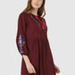 Women Top Brown Regular Fit and Flare Puff Sleeve Embroidery Work