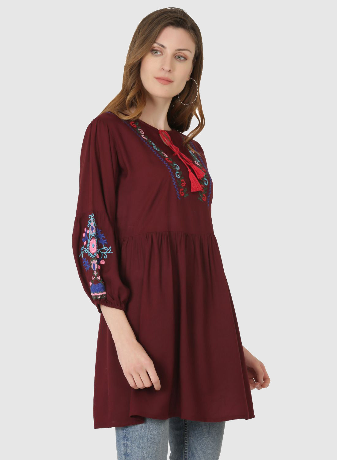 Women Top Brown Regular Fit and Flare Puff Sleeve Embroidery Work