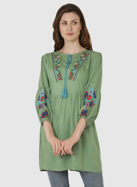 Women Top Sea Green Regular Fit and Flare Puff Sleeve Embroidery Work