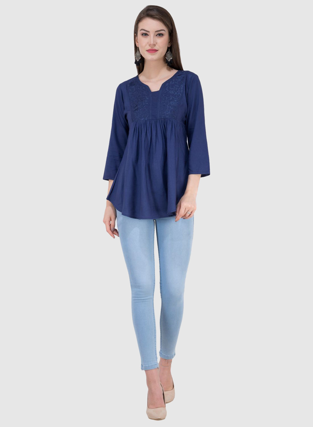 Women Top R Blue Rayon Casual Regular Fit 3/4 Sleeve Fit and Flare