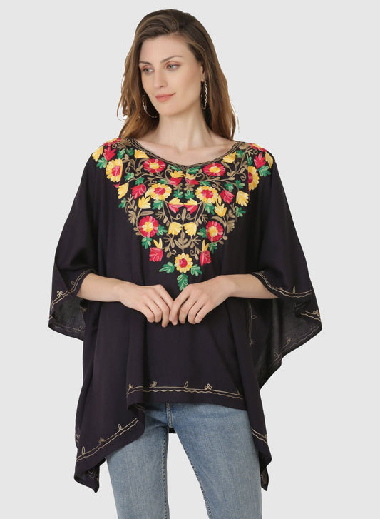 Women Kaftan Top Navy Casual Regular Fit and Flare Multi color Embroidery Work