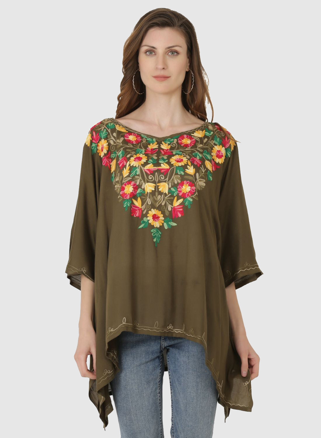 Women Kaftan Top Mehndi Green Casual Regular Fit and Flare Multi color Embroidery Work
