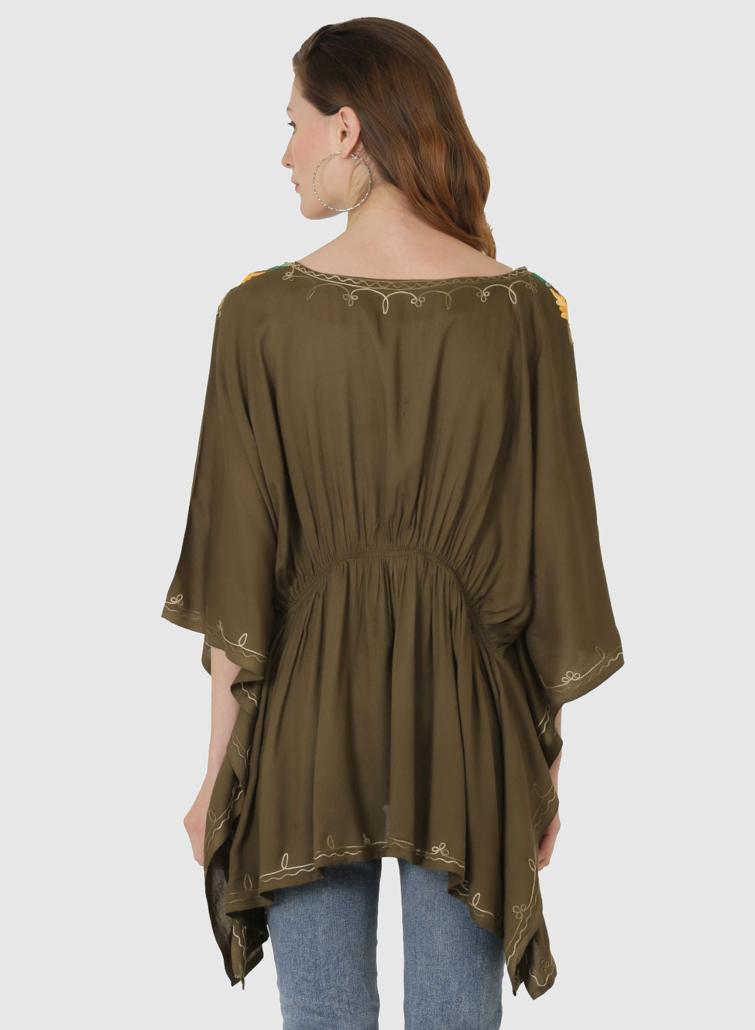 Women Kaftan Top Mehndi Green Casual Regular Fit and Flare Multi color Embroidery Work