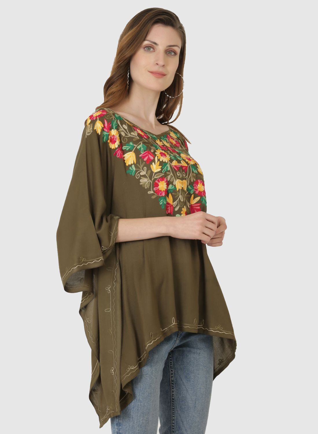Women Kaftan Top Mehndi Green Casual Regular Fit and Flare Multi color Embroidery Work