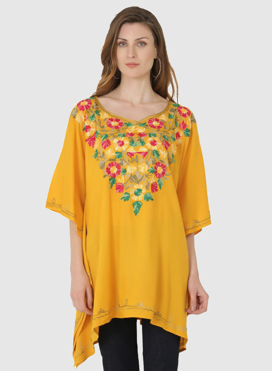 Women Kaftan Top Musturd Casual Regular Fit and Flare Multi color Embroidery Work
